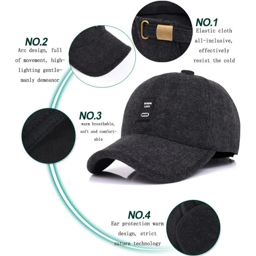 Men's Winter Warm Wool Tweed Peaked Baseball Cap  Hat Fold Earmuffs Warmer - Picture 5 of 6
